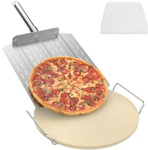 DcYourHome Runder Pizzastein mit Gestell für Ofen, BBQ, Grillen, natürlicher Cordierit Pizzastein Kit mit Pizzaschieber & Kunststoffschaber zum Backen von Brot, 35,6 cm universeller