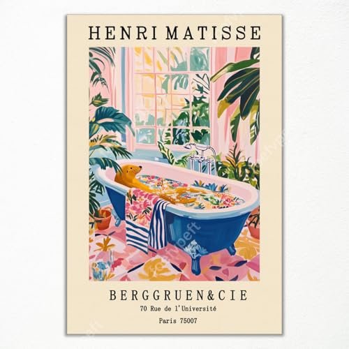 Kunstdruck auf Leinwand, Motiv: Henri Matisse, lustiges Tier-Badezimmer-Poster, niedliches Siegel in der Badewanne, lustiger Druck, rosa Dopamin, Badezimmer-Wanddekoration, tropisches Botanisches und