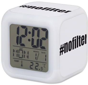 Wecker, Würfel, beleuchtet, Weiß – Hashtag No Filter Kein Filter Humor Meme – 7,8 x 7,8 x 7,8 cm – Retro Beleuchtung Mehrfarbig LED