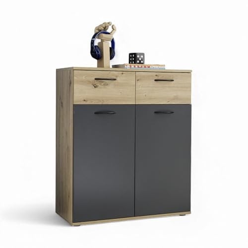 Liam Jugendzimmer Kommode in Artisan Eiche Optik, Graphit - Moderne Kommode mit Schubladen und viel Stauraum - 80 x 95 x 38 cm (B/H/T)