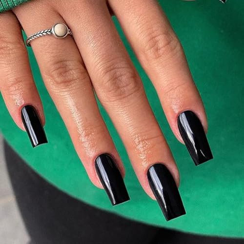 SXVME Black Press on Nails Long Square, Black False Nails Medium Coffin, Glossy Gel Fake Nails Press on, Sheer Color Square Tip Nails, Dark Sheer Gel Stick on Nail for Women, 24 Pcs