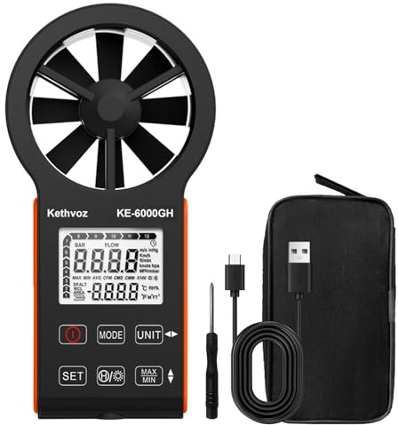 CFM Windmesser Digitales Anemometer, Kethvoz Windmessgerät mit Temperatur Messen Windgeschwindigkeit 0,3~30 m/s, Luftmenge 0~999.900 ft3/min, Max/Min/Echtzeitanzeige für HLK, Haushalt KE-6000GH
