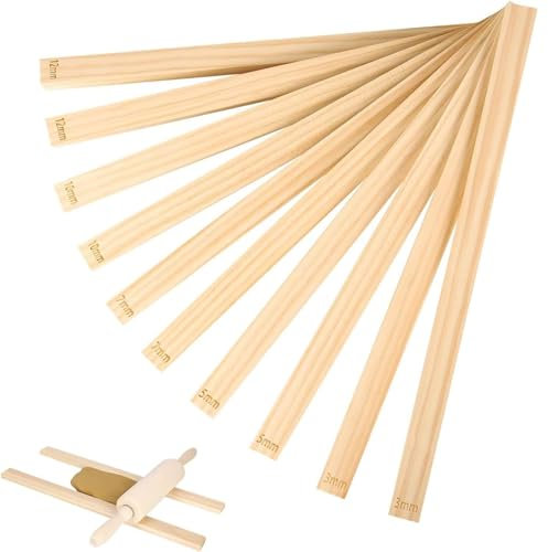 Set di guide per mattarello in ceramica, set da 10 pezzi, 5 misure di mattarello in legno, strumento di controllo dello spessore dell'argilla in legno, strumento per un controllo preciso dello