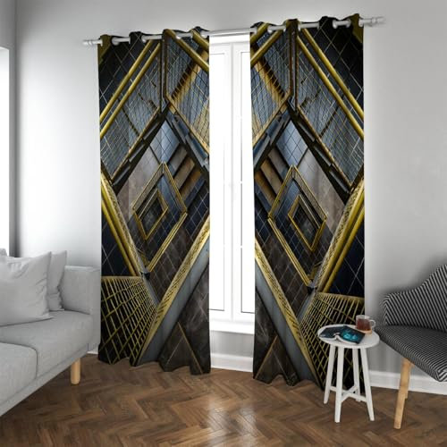 LANDOCROWN Minimale geometrische Wendeltreppe Vorhänge Gelbes Maschenmuster Wärmeisolierte Schallreduzierung Verdunkelung Öse Fenstervorhänge 2X B229 x H229 cm