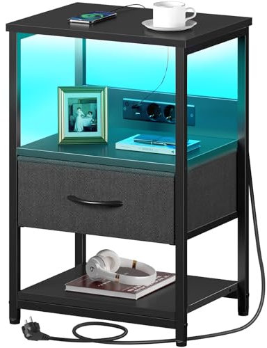 Rolanstar Table de Chevet, Table de Nuit avec Lumières LED et Prise, Tables de Chevet pour Adulte avec Tiroir de Rangement en Tissu pour Chambre (1, Noir)
