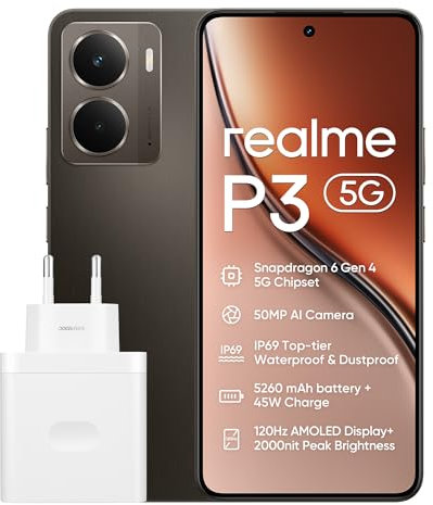 realme P3 5G Smartphone 12+512 GB, Processore Snapdragon 6 Gen 4 5G, Batteria titanica da 5260mAh,Ricarica rapida da 45W, AMOLED da 120 Hz, Luminosità di picco a 2.000 nit, IP69, Grey