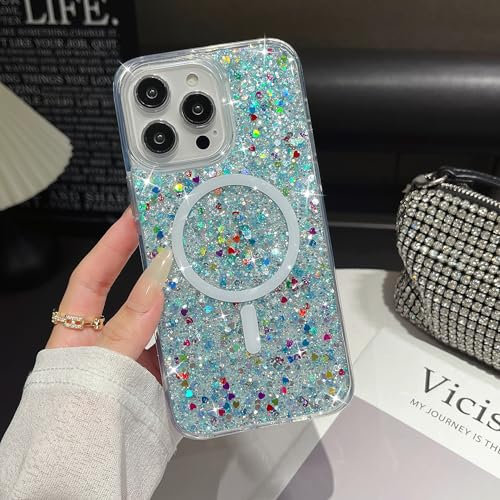 UEEBAI Glitter Case Magnetic for iPhone 12/12 Pro Case, Luxury Shiny Bling Sparkly Phone Case Compatible with MagSafe, Wireless Charge Crystal Diamonds Shiny Cover for Women - Light Blue