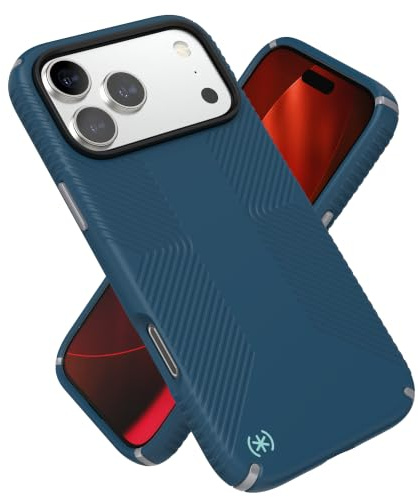 Speck PRESIDIO2 Grip für iPhone 17 Pro Max Hülle, MagSafe-kompatibel, schlanke Schutzhülle, DEEP SEA/Silver Metallic/Spell Blue