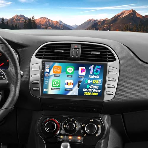6G+128G 8Núcleos GOHHDL Radio Coche Android 15 para FIAT Bravo 2008 2009 2010 2012 2013, 9 Pulgadas Pantalla Táctil 2 DIN con Carplay Android Auto WiFi GPS FM/RDS Bluetooth SWC +Cámara Trasera+Mic