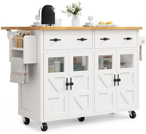 UATARU Kitchen Island with Folding Worktop, Dining Room Cabinet Cupboard, Kitchen Trolley on 5 Wheels with Adjustable Shelf and 2 Drawers (White)