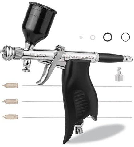 NEOECO Transformer SJ85 Dual-Action Airbrush Kit, Patented 1-Sec Quick-Shift Fan & Round Spray, Ergonomic Grip, 0.3/0.5/0.8mm Sets for Model Painting, Miniatures, Nail Art, Barber, Crafts