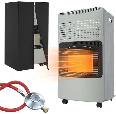 XMTECH 4200W Keramik Gasheizer Gasheizstrahler, Gasheizofen, Heizstrahler Gasheizgerät, 3 Heizstufen, inkl. Gasdruckregler & Schlauch, Gasofen Heizgerät für Propan/Butan, mobil, faltbar, Grau