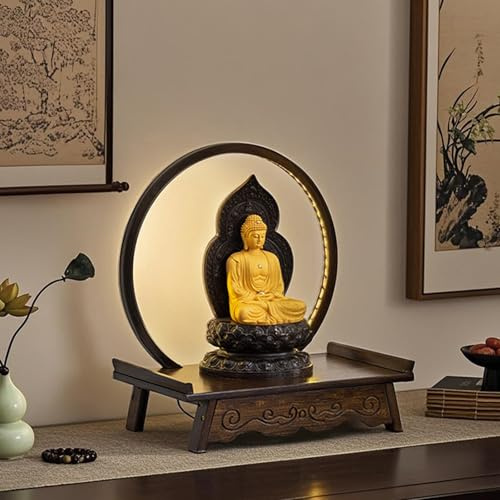 DYUNCZ Altartisch aus Holz Mit LED-Lichtring, Altar Table, Buddhistischer Schrein, Kleiner Meditationstisch, Buddha-Statue mit Sockel, für Wohnzimmer, Eingangsbereich oder Büro(Brown,40cm/16in)