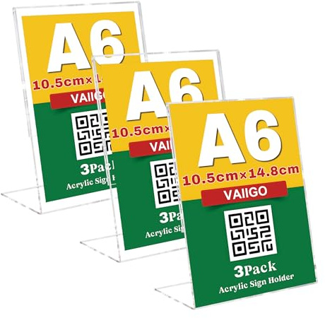 VAIIGO Lot de 3 supports de panneau A6 en acrylique transparent pour affiche et menu, présentoir en plexiglas en forme de L pour affiche, brochure, code QR, supports A6 pour restaurant, bureau