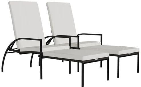 HOMELEN Chaise longue réglable en rotin synthétique avec repose-pieds marron – Chaise longue de jardin résistante aux intempéries avec dossier confortable et coussin blanc crème pour jardin, terrasse