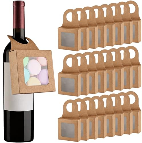 CREATCABIN 27Pcs Gift Boxes with Hanger Kraft Paper Wine Bottle Boxes Foldable Empty Wine Bottles with Transparent Window Handles Hanger for Wedding Party Chocolate Cookies Packing 3.5x3.5x1.2Inch