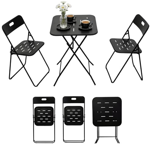 Gecheer Bistro Set 3-teilig Klappbar, Wetterfestes Gartenmöbel-Set Stahl, 2 Stühle + 1 Tisch Outdoor Sitzgruppe Balkonmöbel für Garten Balkon Terrasse Kleines Patio, Schwarz