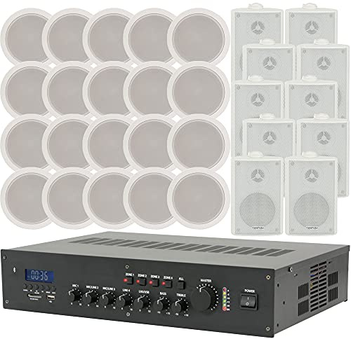 100V Line Shop/Restaurant Wireless Background Music System Kit - 240W Bluetooth 4 Zone Mixer Amp, 20x Ceiling Speakers & 10x White Wall Mounted Speakers - Loops
