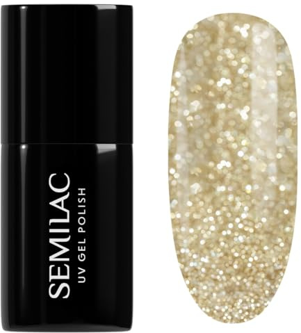 SEMILAC Gel Nail Polish 260 Platinum Light Gold Glitter - Full Coverage Gel Polish - Soak Off Easy To Use LED/UV Nail Lamp - Long Lasting Manicure and Pedicure up to 3 weeks | Gold nail polish with sparkling pigment, long lasting wear, soak off removal, for a manicure and pedicure at home