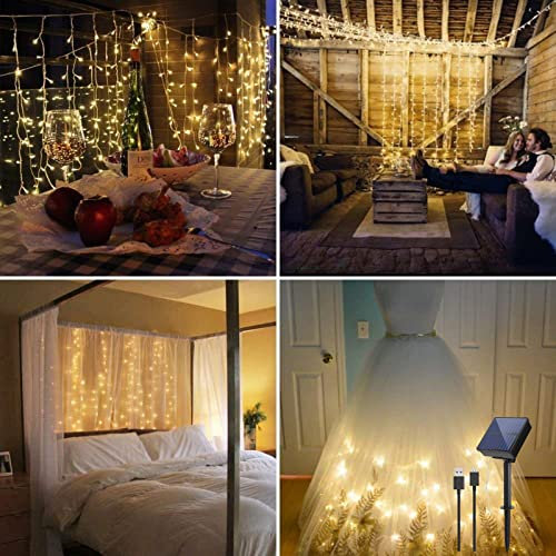 IMAGE Solar Lichtervorhang 3x3m LED Lichterkette Vorhang mit 300 LEDs 8 Beleuchtungsmodi für Zimmer Deko Weihnachten Hochzeit, warmweiß