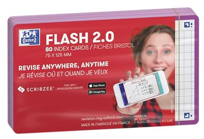 OXFORD Flash 2.0 - 80 Fiches Bristol Flash Cards 7,5 x 12,5cm Petits Carreaux Cadre Lilas