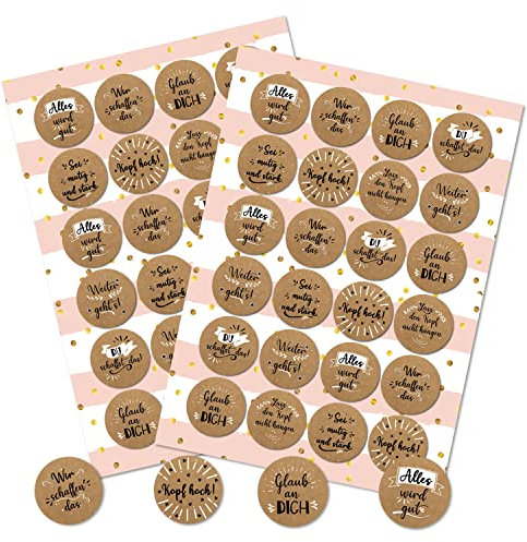 Spruchaufkleber, 48er Set: Runde Sticker mit Sprüchen, Aufkleber Mut Rund, Mutmacher Spruch, Geschenkaufkleber Sprüche, Zum Aufkleben, Motivationssticker, Give-Away Kraftpapier, Klein, ⌀ 4 cm