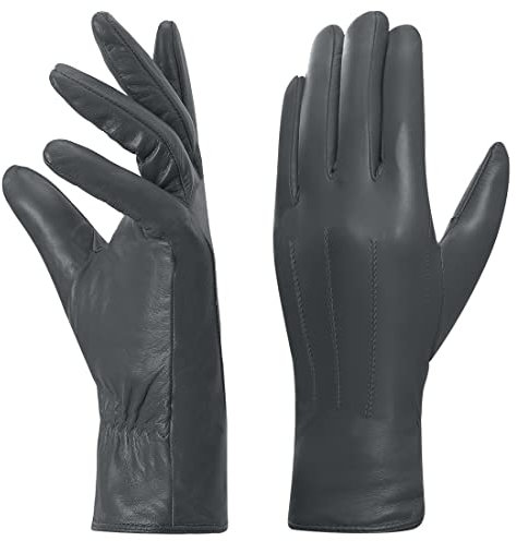 Harssidanzar Lederhandschuhe für Damen, Winter Warm Fleecefutter Touchscreen Vintage Finished GL018EU,Grau,Größe L
