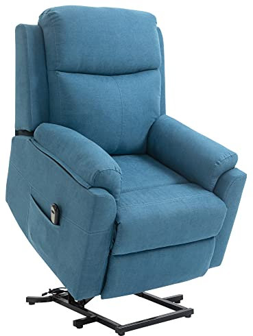 HOMCOM Fernsehsessel mit Aufstehhilfe Elektrisch Relaxsessel mit Liegefunktion, TV-Sessel mit Fernbedienung Seitentasche Taschenfederkern Leinenoptik Blau