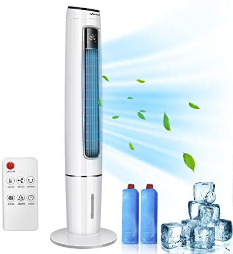 OZEANOS 4 in1 Tragbare Mobile Wasserkühlventilator Tower Verdunstungskühler, Luftkühler, Luftbefeuchter, mit Fernbedienung, 3,5L Wassertank