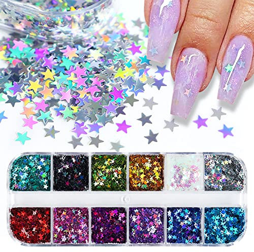 Pentagram Shape Holographic Nail Art Glitter, 12 Color Nail Charms Star Nail Art Sequins Design Supplies DIY Decoration for Women Girls