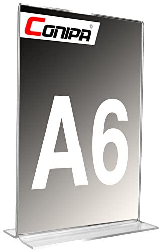 Conipa® 10 x DIN A6 Tischaufsteller Polystyrol (Hochformat) Transparent 108x155x45mm - Tisch & Stationen Aufsteller (Theken-Aufsteller) doppelseitig - Prospektständer QR-Code, Flyer, Werbung & Menu