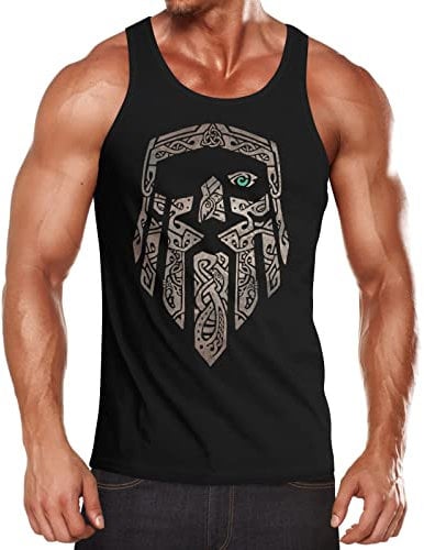 Neverless® Herren Tank-Top Odin Gott Valhalla Wikinger Nordmänner nordische Mythologie Wotan Muskelshirt Muscle Shirt schwarz-Gold 3XL