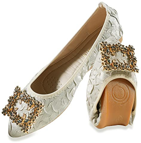 MACHSWON Women Ballet Flats Rhinestone Outdoor Wedding Ballerina Shoes Foldable Sparkly Comfort Slip on Flat Walking Shoes for Ladies(Apricot Buckle, Size 9)
