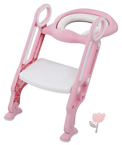 Sedile per WC per insegnare ai bambini a usare la toilette, con scaletta con ampio gradino antiscivolo, pieghevole, con morbido cuscino robusto, per bambini e bambine-rosa+bianco