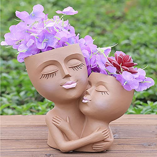 TITA-DONG Pot de Fleurs pour Le Visage, Pots de Fleurs Amusants à Double Tête, Pots de Fleurs Doubles en Un pour Plantes D'intérieur et D'extérieur, Pot de Tête en Résine avec Trou de Drainage(Brun)