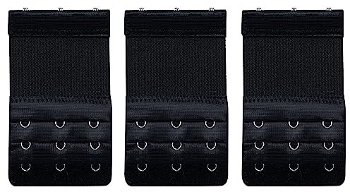 HUSAIHU 3 Pack Women's Bra Extenders, Bra Strap Extension 3 Hooks,Soft Stretchy Bra Black Extender,Elastic Bra Extension Straps Set With Stainless Steel 3 Hooks x 3 Rows (Black)