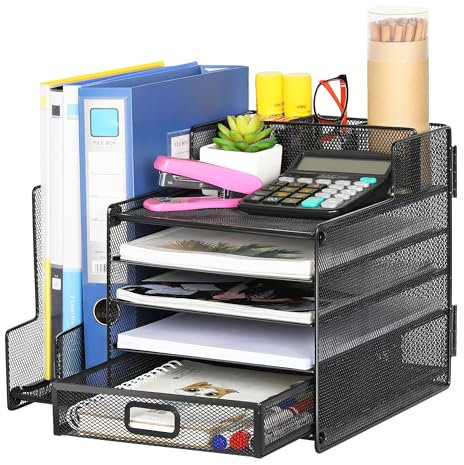 TQVAI 5 Tier Desk Organiser with Vertical File Sorter Letter Tray Organiser Desk Paper Storage Magazine File Holder, Black