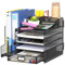 TQVAI 5 Tier Desk Organiser with Vertical File Sorter Letter Tray Organiser Desk Paper Storage Magazine File Holder, Black