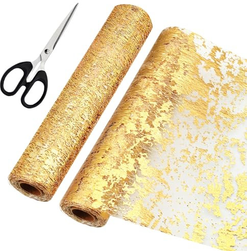 Gemtte Tischläufer Gold, 2 Stück Dekostoff Gold Tischdeko, 28CM×10M Glänzend Tischband mit Beschicht, Gold Tischband Dekostoff für Halloween Party Hochzeit Weihnachten Geburtstag Festival