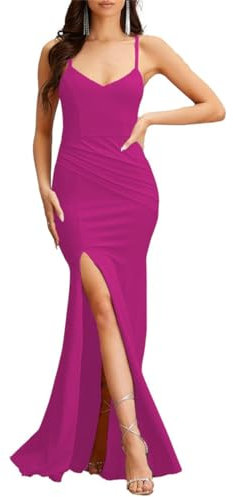Tirantes de espagueti Abertura lateral Vestido de dama de honor con sirena de satén Hasta el suelo Vestido de dama de honor fluido, fucsia, 46