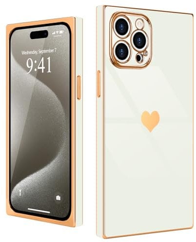 Urarssa for iPhone 15 Pro Case Cute Rectangle Heart Pattern Luxury Gold Plating Cases Women Girls Shockproof Bumper Silicone Protective Cover for iPhone 15 Pro-White
