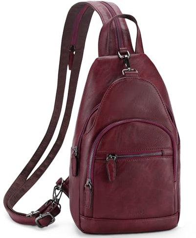 RAVUO Rucksack Damen, Brusttasche Frauen PU Leder Sling Bag Klein Brust Rucksack Kleine Umhängetasche Crossbody Bag für Outdoorsport, Reisen,Rot