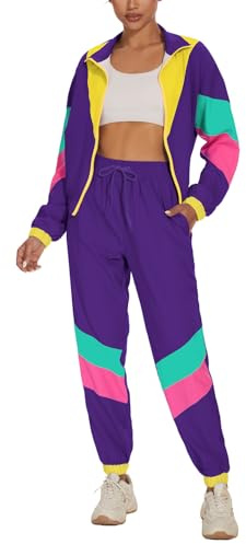 UOUA Ensemble de survêtement 2 pièces à manches longues et coupe-vent pour femme, violet, Medium
