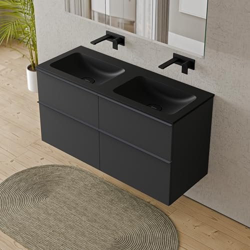 BERNSTEIN Badmöbel-Set Lavoa, Waschtisch-Unterschrank mit Waschbecken 120cm in Anthrazit - CREAM - Schwarz matt ohne Hahnloch - 2 Schubladen, Griffe in Anthrazit, vormontiert, 5 Jahre Garantie