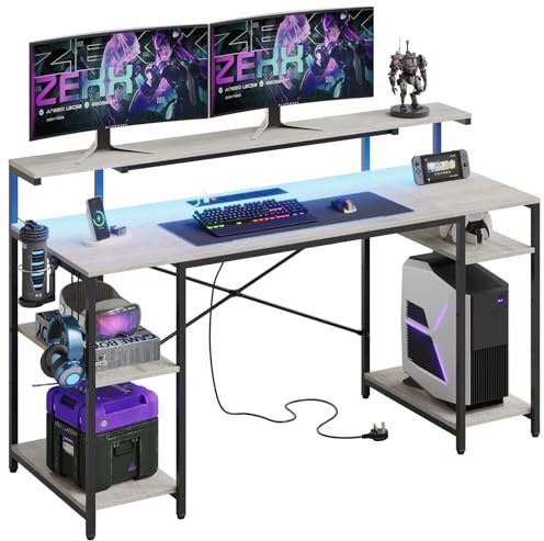 Bestier 140 CM Computer Desk with Power Outlets & LED Lights with Monitor Shelf Gaming Desk with Shelves Writing Desk with Storage Office Desk &Workstation for Home Office Bedroom