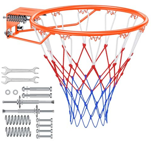 Arijam Massiver Basketballkorb, Ø46 cm Ersatz Wand montiert Outdoor-Basketballkorb, Heavy Duty Stahl, Doppelter Feder-Rahmen mit Allwetter-Netz für Innen-und Außenbereich hängen, Orange