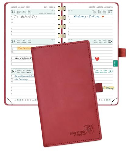 POPRUN Taschenkalender 2025 2026 Klein 16,5 x 9 cm (Aug.2025-Dez.2026) - Kalender 2025 2026 Klein Ringbuch mit Softcover - Terminplaner, Planer 1 Woche 2 Seite mit Kartenschlitz - Burgunderrot