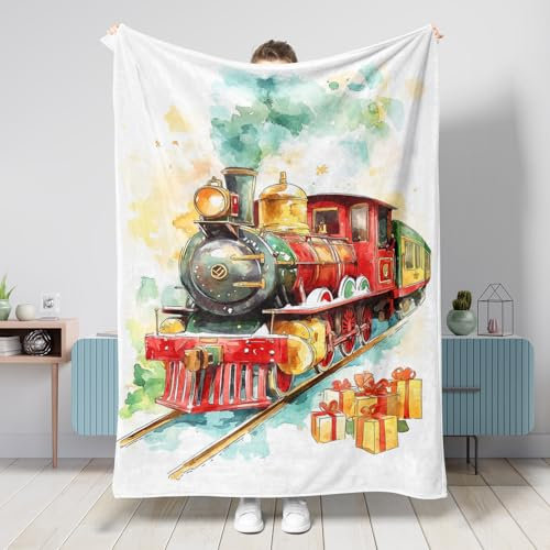 Coperta colorata con treno a vapore ad acquerello, decorazione vintage con locomotiva, in morbido pile felpato, per tutte le stagioni, Natale, casa, divano, viaggi, 101 x 127 cm