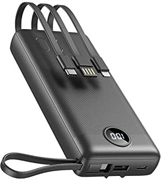 VEEKTOMX Power Bank 20000mAh, Portable Charger with Built-in Cables, USB C Battery Pack with 5 Outputs & 2 Inputs and LED Display, Charging Bank for iPhone/iPad/Samsung and More (20000mAh Black)
