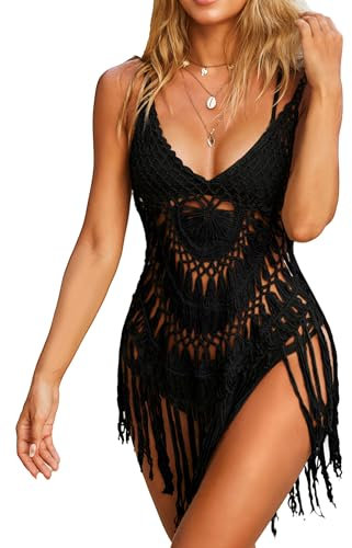 Ekouaer Damen Strandkleid Aushöhlen Fransen Bikini Cover Up Sexy Sommer Ärmellos Strick Häkel Beachkleider Mini Bademode Schwarz M